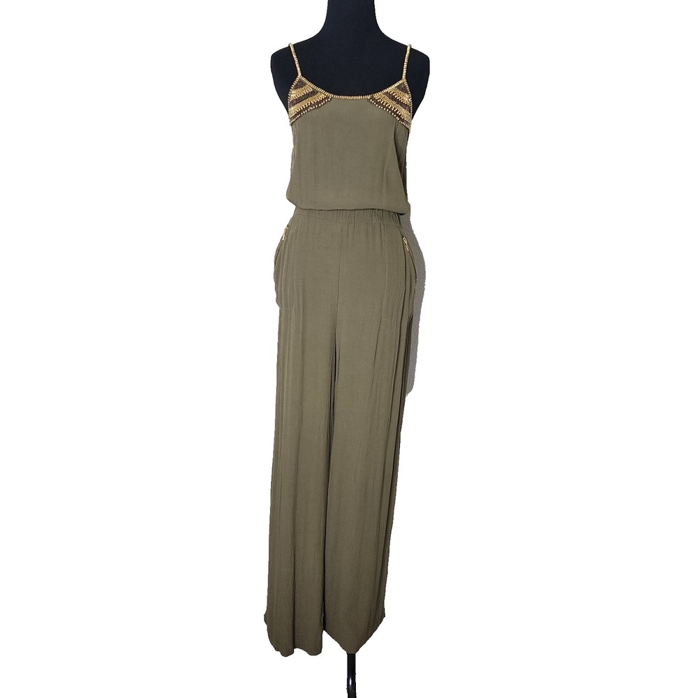 As U Wish Olive Green Crinkle Gold Plate Halter L Blouson Maxi Dress Boho Style